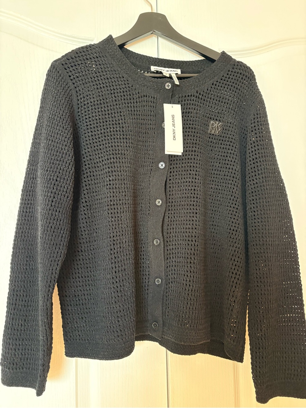 Dkny Black Open-Knit Crewneck Button Cardigan